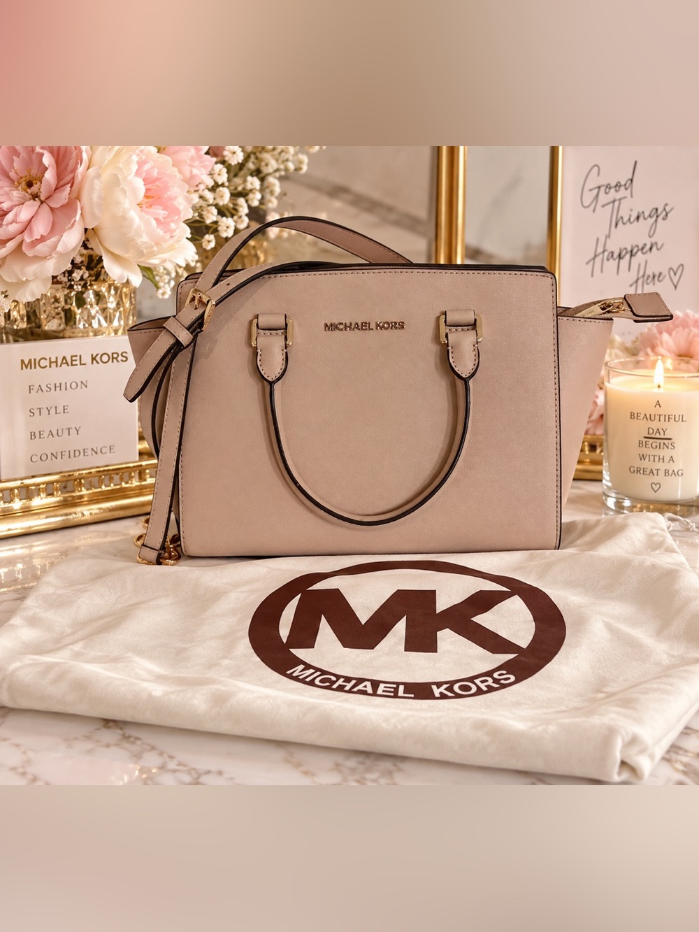 Michael Kors Taupe Beige Leather Satchel with Gold Hardware